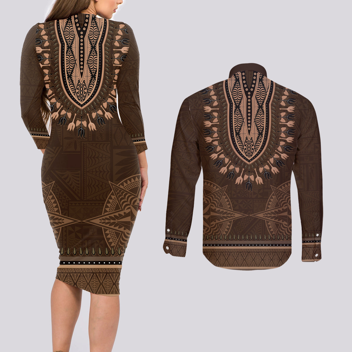 Brown African Dashiki With Tonga Ngatu Pattern Couples Matching Long Sleeve Bodycon Dress and Long Sleeve Button Shirt