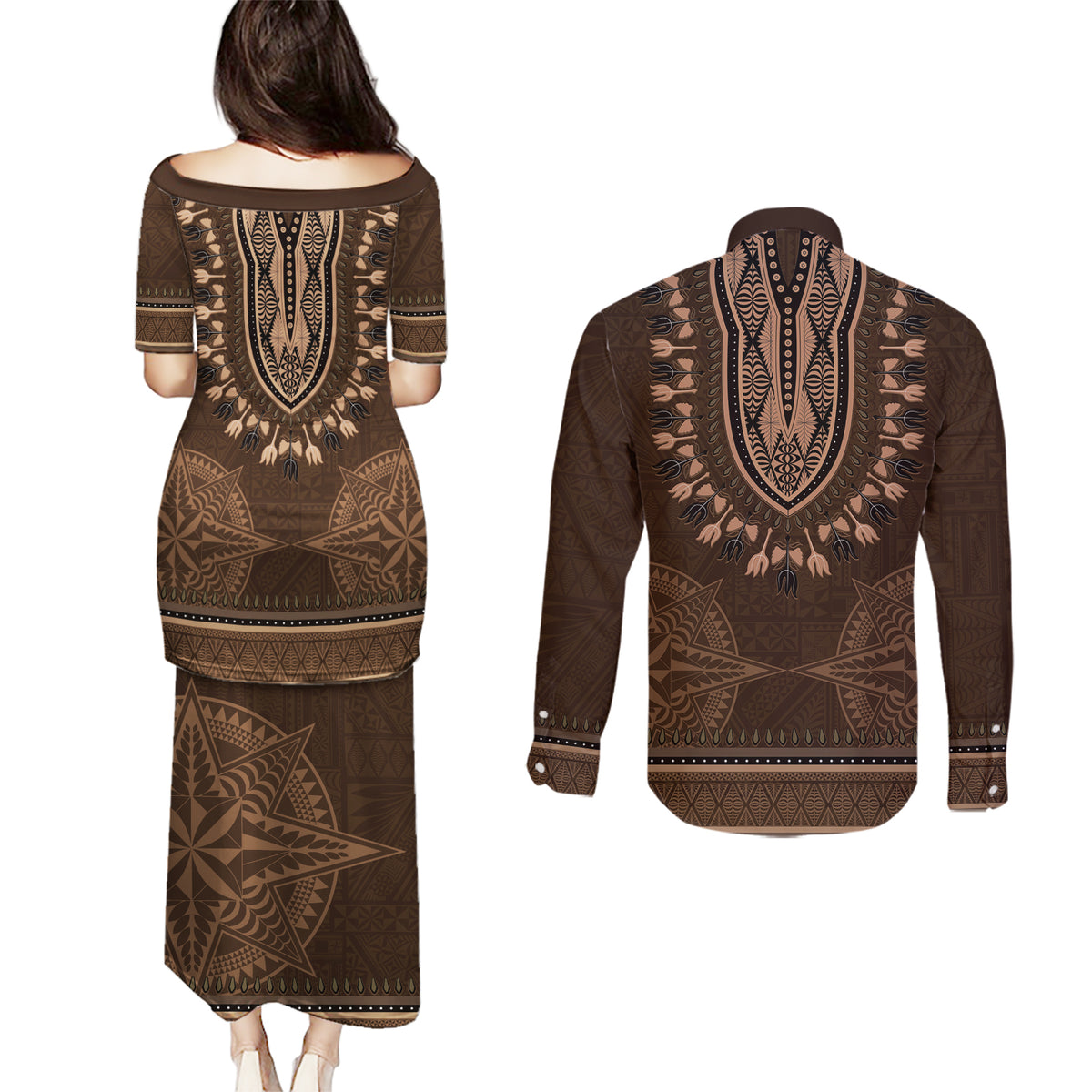 Brown African Dashiki With Tonga Ngatu Pattern Couples Matching Puletasi and Long Sleeve Button Shirt