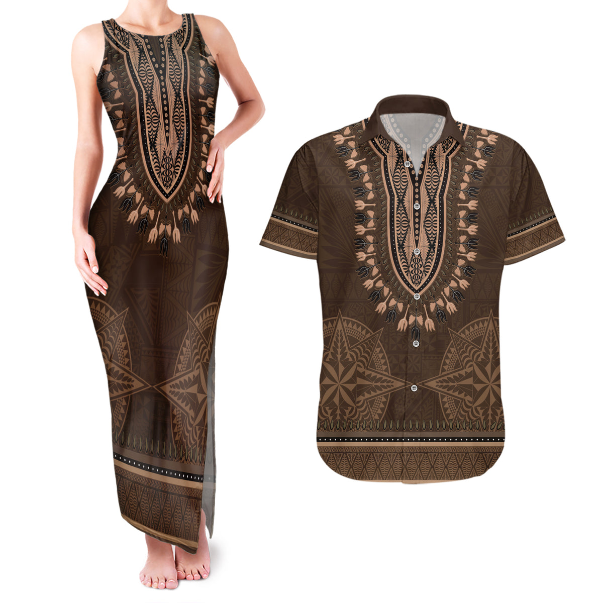 Brown African Dashiki With Tonga Ngatu Pattern Couples Matching Tank Maxi Dress and Hawaiian Shirt LT14 Brown - Polynesian Pride