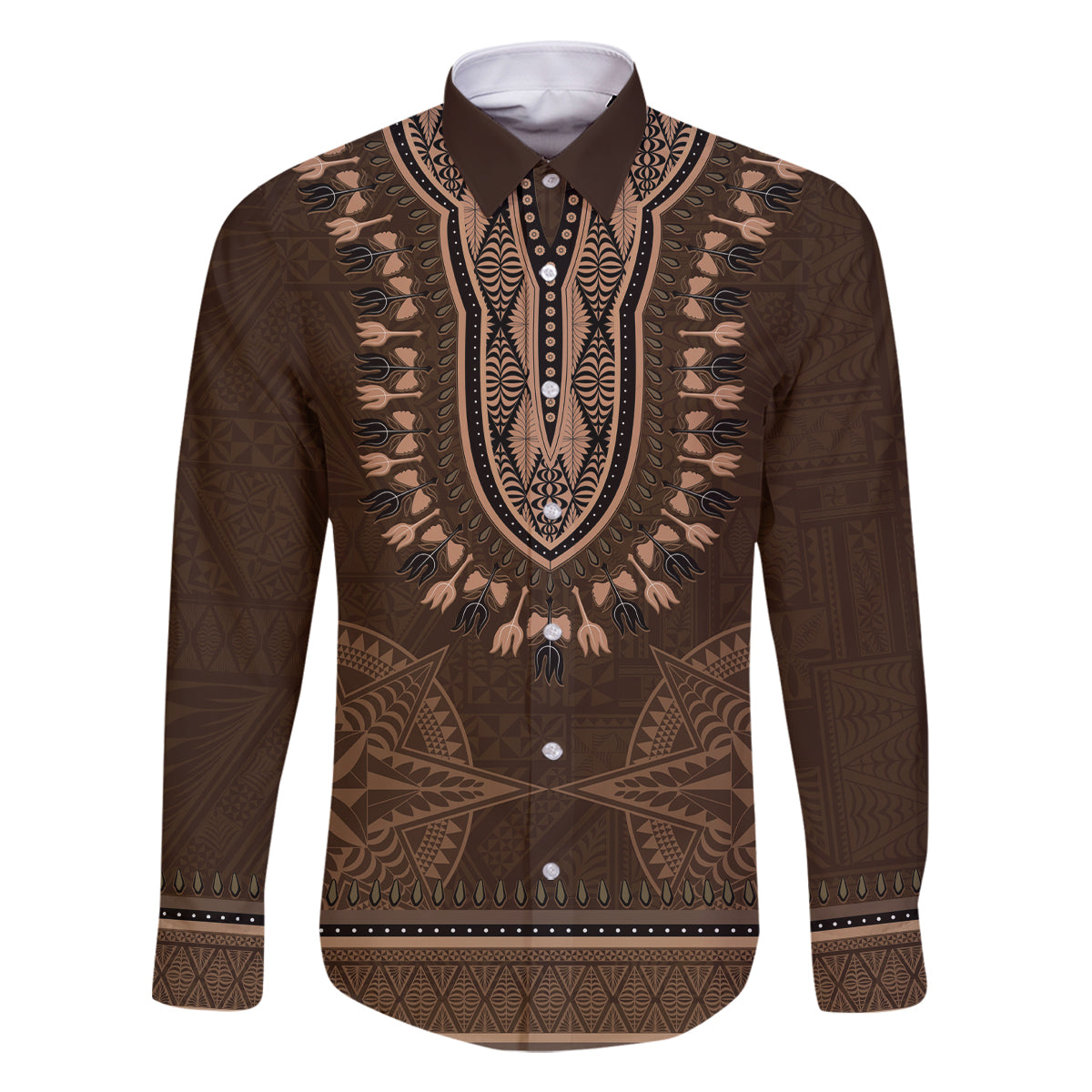 Brown African Dashiki With Tonga Ngatu Pattern Family Matching Off The Shoulder Long Sleeve Dress and Hawaiian Shirt