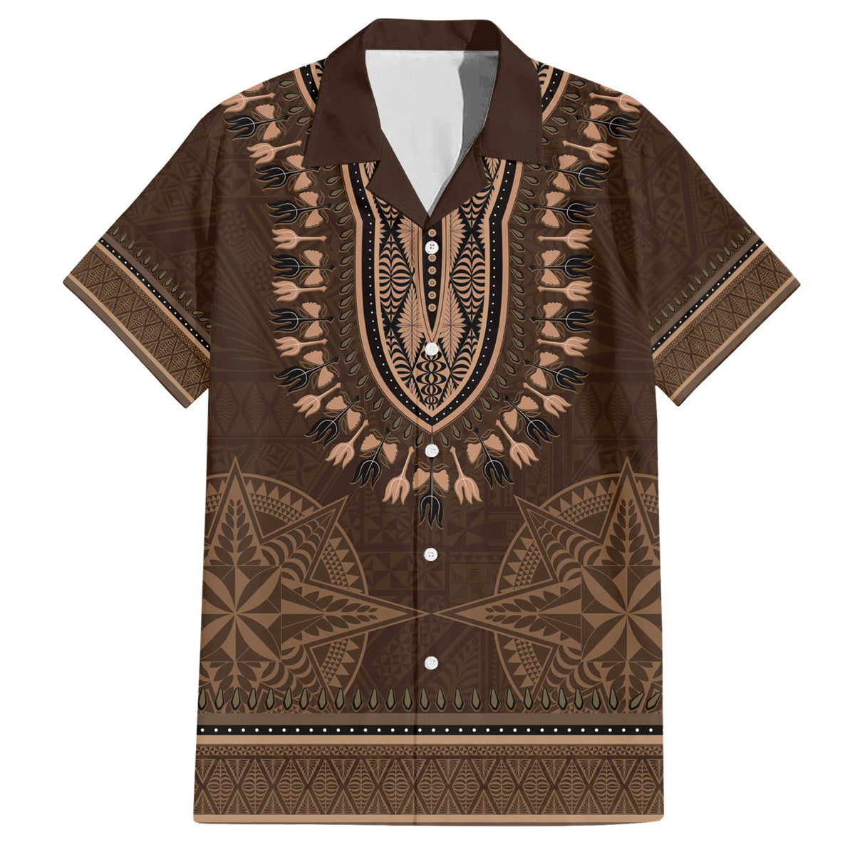 Brown African Dashiki With Tonga Ngatu Pattern Family Matching Short Sleeve Bodycon Dress and Hawaiian Shirt