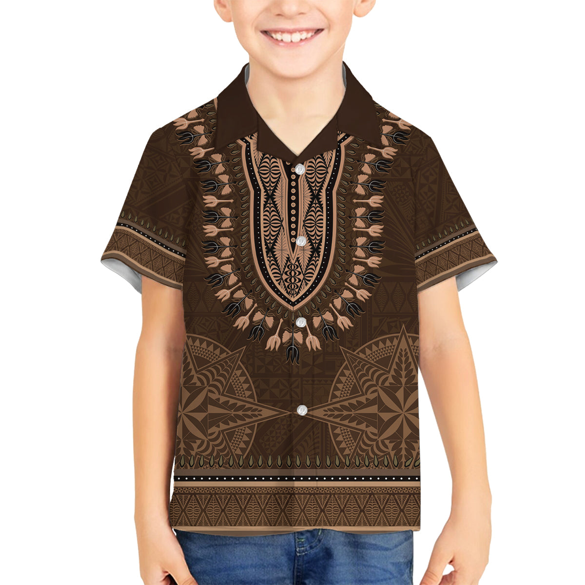 Brown African Dashiki With Tonga Ngatu Pattern Family Matching Tank Maxi Dress and Hawaiian Shirt