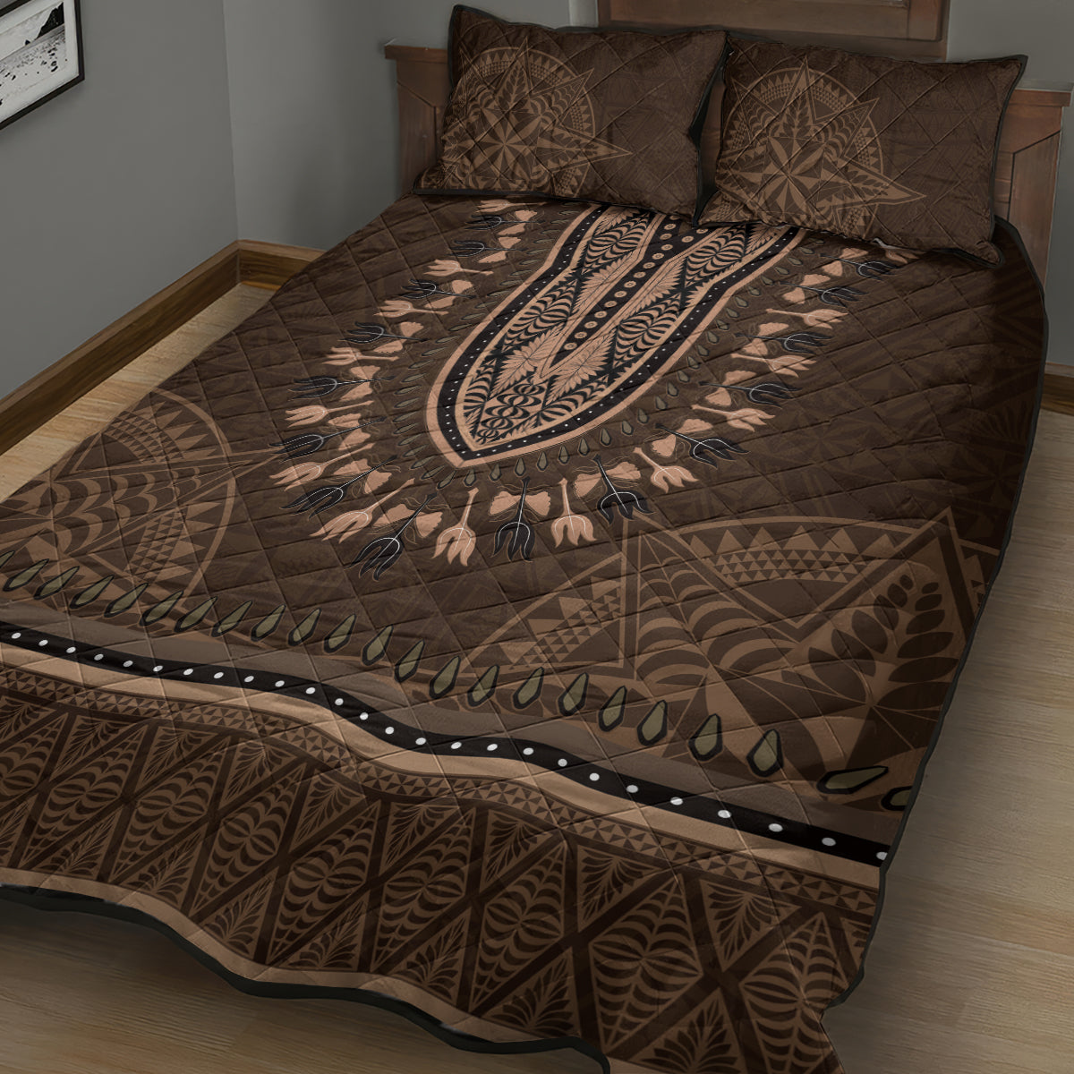 Brown African Dashiki With Tonga Ngatu Pattern Quilt Bed Set