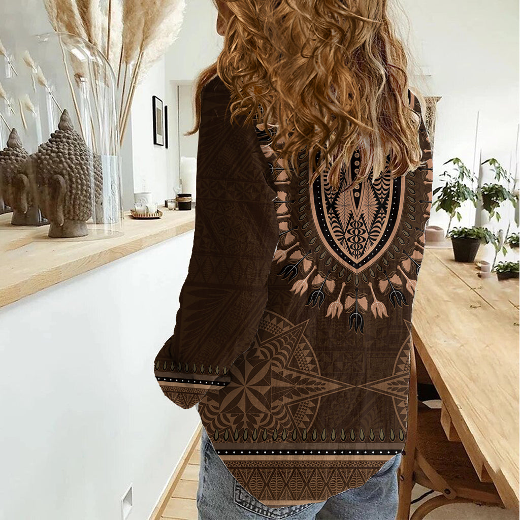 Brown African Dashiki With Tonga Ngatu Pattern Women Casual Shirt