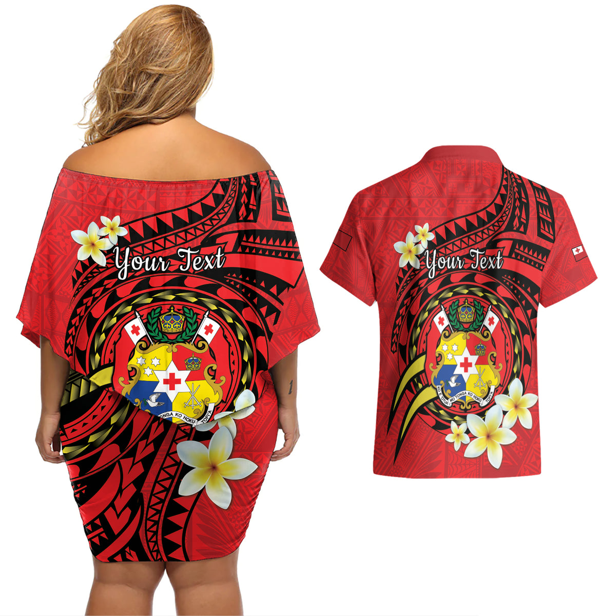 Personalised Tonga Emancipation Day Couples Matching Off Shoulder Short Dress and Hawaiian Shirt Tongan Ngatu Pattern - Red Version