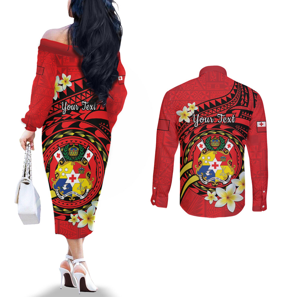 Personalised Tonga Emancipation Day Couples Matching Off The Shoulder Long Sleeve Dress and Long Sleeve Button Shirt Tongan Ngatu Pattern - Red Version