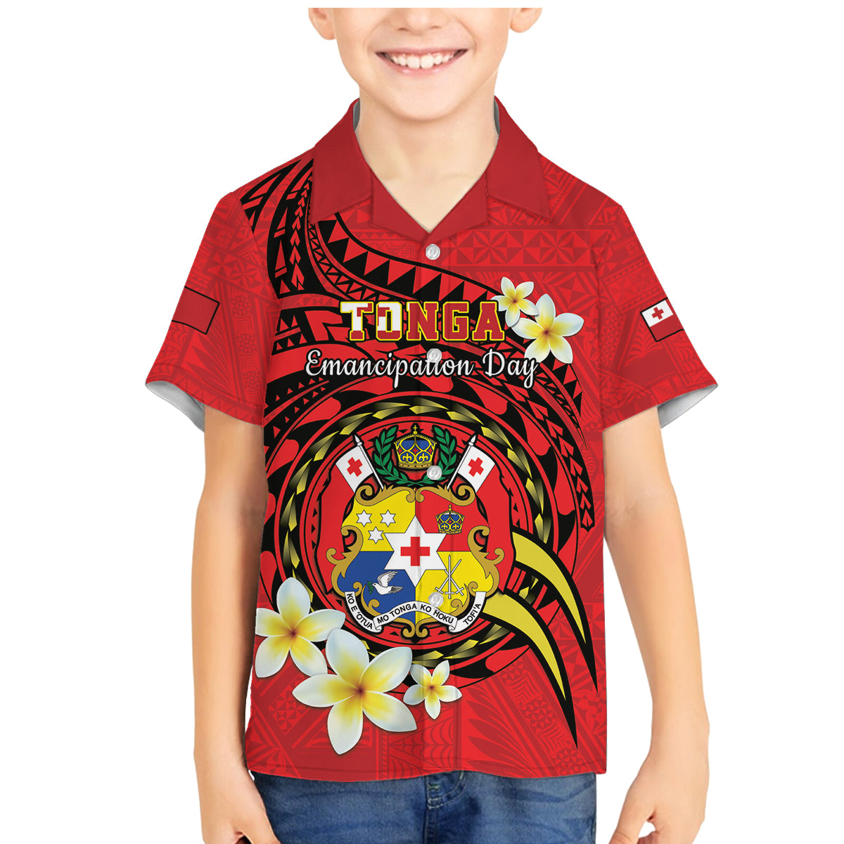 Personalised Tonga Emancipation Day Family Matching Mermaid Dress and Hawaiian Shirt Tongan Ngatu Pattern - Red Version