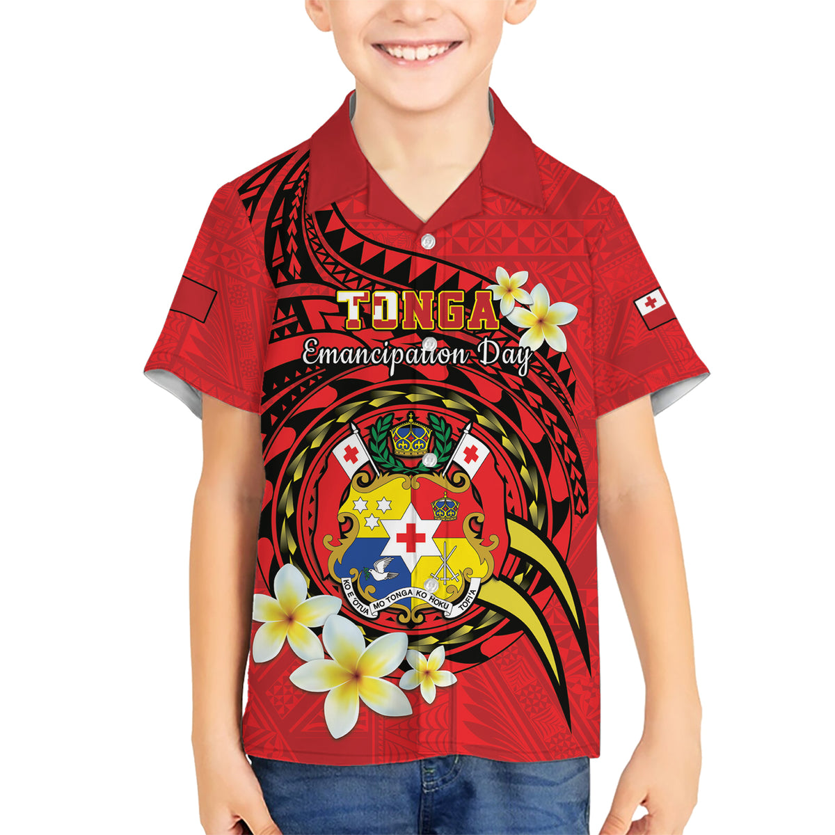 Personalised Tonga Emancipation Day Kid Hawaiian Shirt Tongan Ngatu Pattern - Red Version LT14 Kid Red - Polynesian Pride