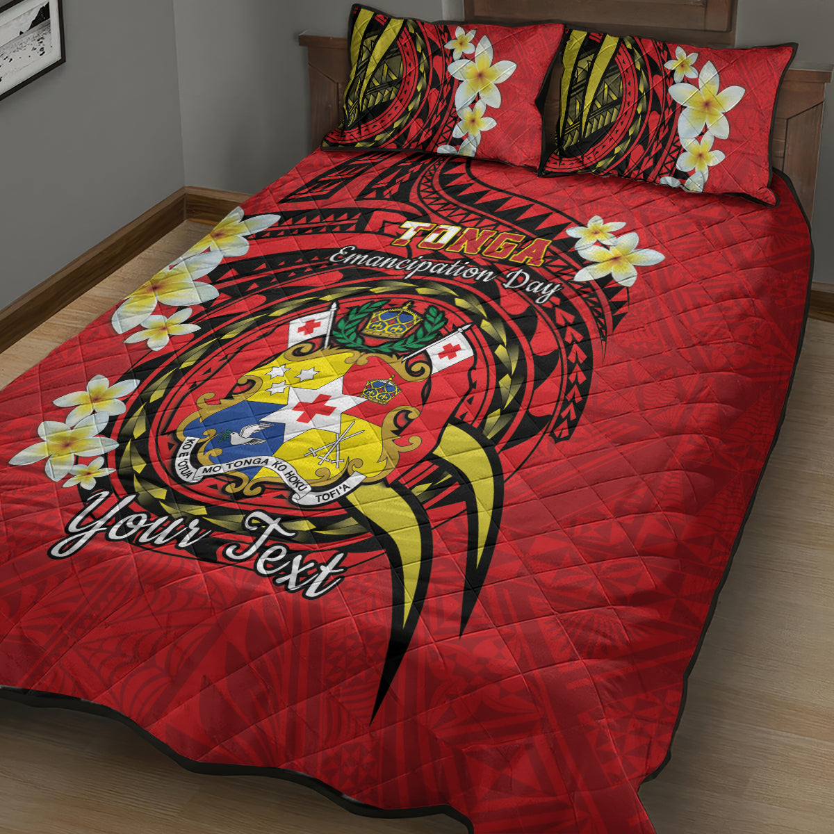 Personalised Tonga Emancipation Day Quilt Bed Set Tongan Ngatu Pattern - Red Version