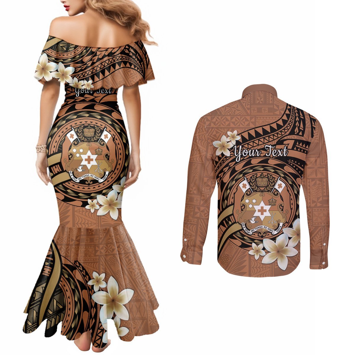 Personalised Tonga Emancipation Day Couples Matching Mermaid Dress and Long Sleeve Button Shirt Tongan Ngatu Pattern - Brown Version LT14 - Polynesian Pride