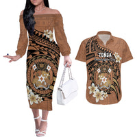 Personalised Tonga Emancipation Day Couples Matching Off The Shoulder Long Sleeve Dress and Hawaiian Shirt Tongan Ngatu Pattern - Brown Version LT14 Brown - Polynesian Pride