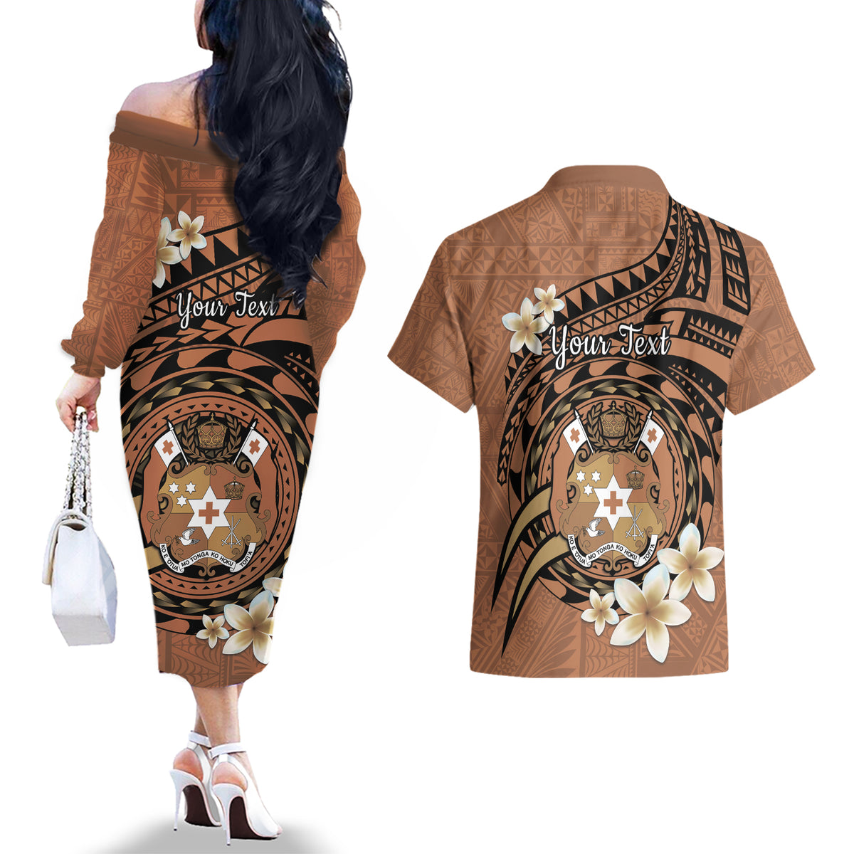 Personalised Tonga Emancipation Day Couples Matching Off The Shoulder Long Sleeve Dress and Hawaiian Shirt Tongan Ngatu Pattern - Brown Version LT14 - Polynesian Pride
