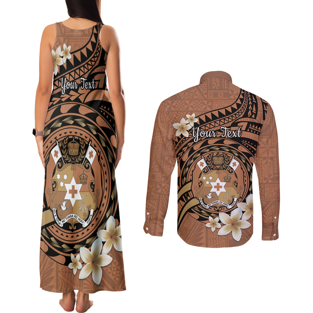 Personalised Tonga Emancipation Day Couples Matching Tank Maxi Dress and Long Sleeve Button Shirt Tongan Ngatu Pattern - Brown Version LT14 - Polynesian Pride