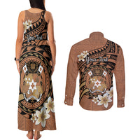 Personalised Tonga Emancipation Day Couples Matching Tank Maxi Dress and Long Sleeve Button Shirt Tongan Ngatu Pattern - Brown Version LT14 - Polynesian Pride