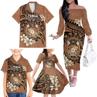 Personalised Tonga Emancipation Day Family Matching Off The Shoulder Long Sleeve Dress and Hawaiian Shirt Tongan Ngatu Pattern - Brown Version