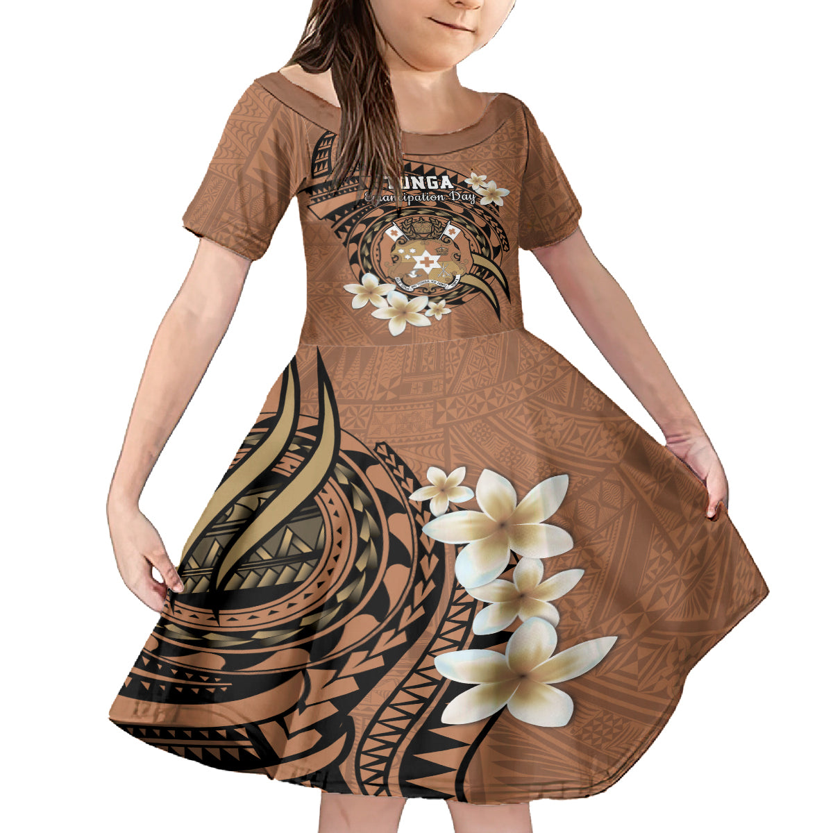 Personalised Tonga Emancipation Day Family Matching Tank Maxi Dress and Hawaiian Shirt Tongan Ngatu Pattern - Brown Version LT14 Daughter's Dress Brown - Polynesian Pride