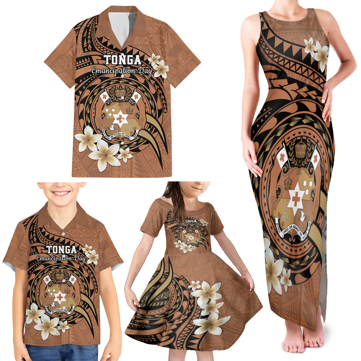 Personalised Tonga Emancipation Day Family Matching Tank Maxi Dress and Hawaiian Shirt Tongan Ngatu Pattern - Brown Version LT14 - Polynesian Pride