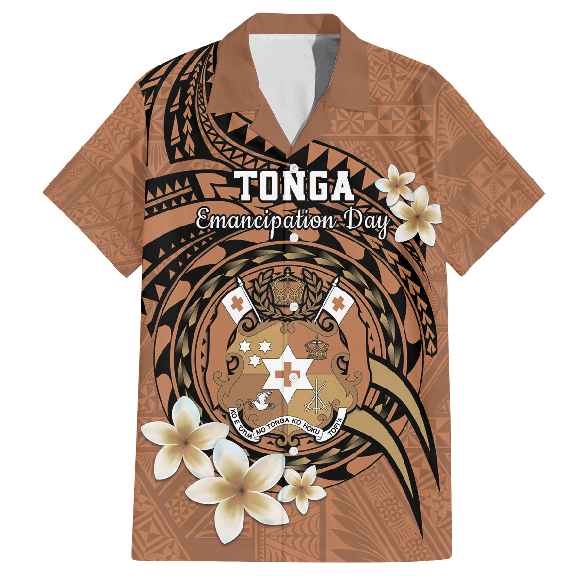 Personalised Tonga Emancipation Day Family Matching Tank Maxi Dress and Hawaiian Shirt Tongan Ngatu Pattern - Brown Version LT14 Dad's Shirt - Short Sleeve Brown - Polynesian Pride