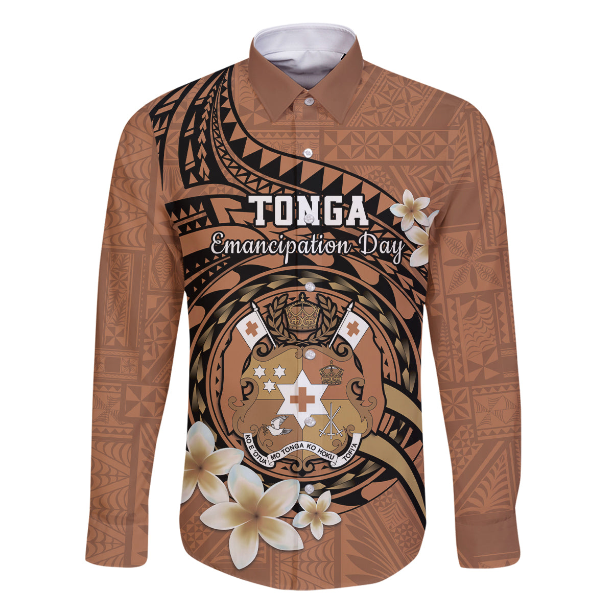 Personalised Tonga Emancipation Day Family Matching Tank Maxi Dress and Hawaiian Shirt Tongan Ngatu Pattern - Brown Version LT14 Dad's Shirt - Long Sleeve Brown - Polynesian Pride
