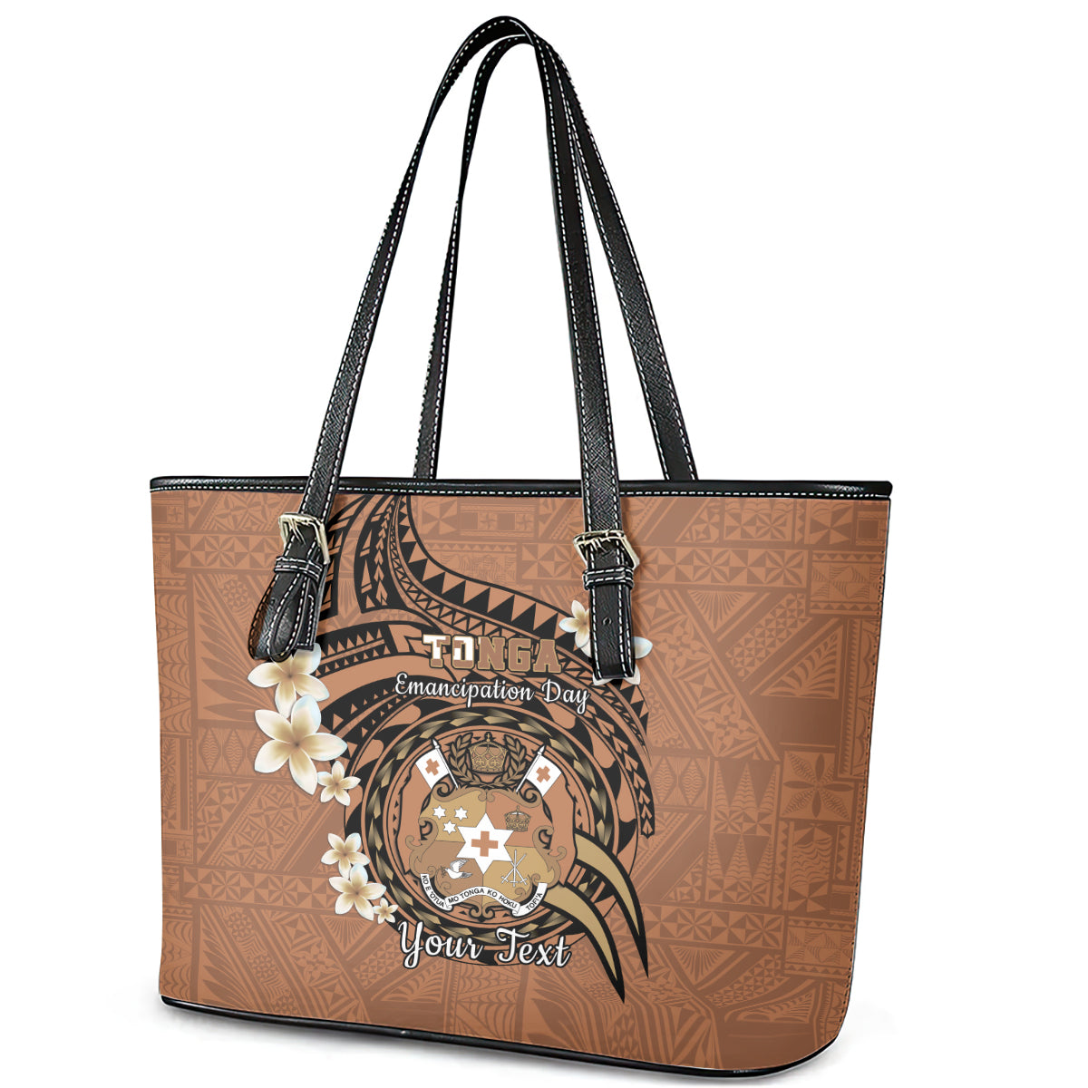 Personalised Tonga Emancipation Day Leather Tote Bag Tongan Ngatu Pattern - Brown Version