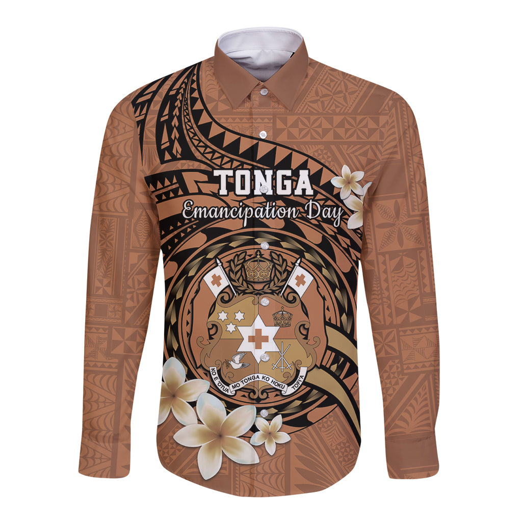 Personalised Tonga Emancipation Day Long Sleeve Button Shirt Tongan Ngatu Pattern - Brown Version LT14 Unisex Brown - Polynesian Pride