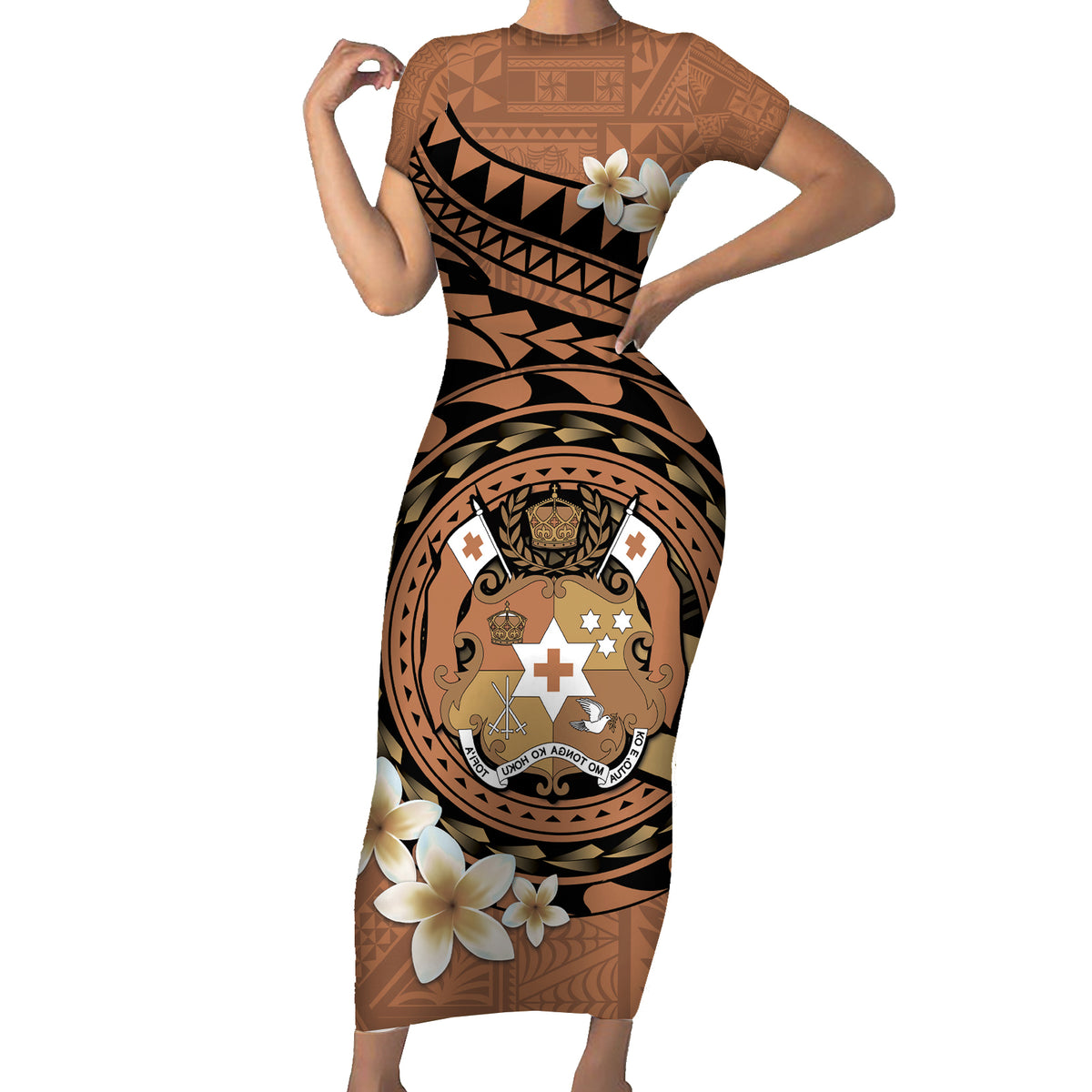 Personalised Tonga Emancipation Day Short Sleeve Bodycon Dress Tongan Ngatu Pattern - Brown Version LT14 Long Dress Brown - Polynesian Pride