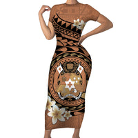 Personalised Tonga Emancipation Day Short Sleeve Bodycon Dress Tongan Ngatu Pattern - Brown Version LT14 Long Dress Brown - Polynesian Pride