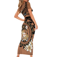 Personalised Tonga Emancipation Day Short Sleeve Bodycon Dress Tongan Ngatu Pattern - Brown Version LT14 - Polynesian Pride