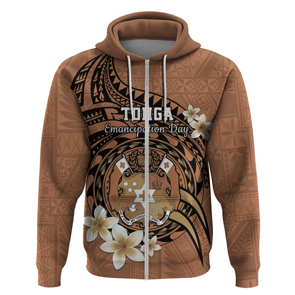 Personalised Tonga Emancipation Day Zip Hoodie Tongan Ngatu Pattern - Brown Version LT14 Zip Hoodie Brown - Polynesian Pride