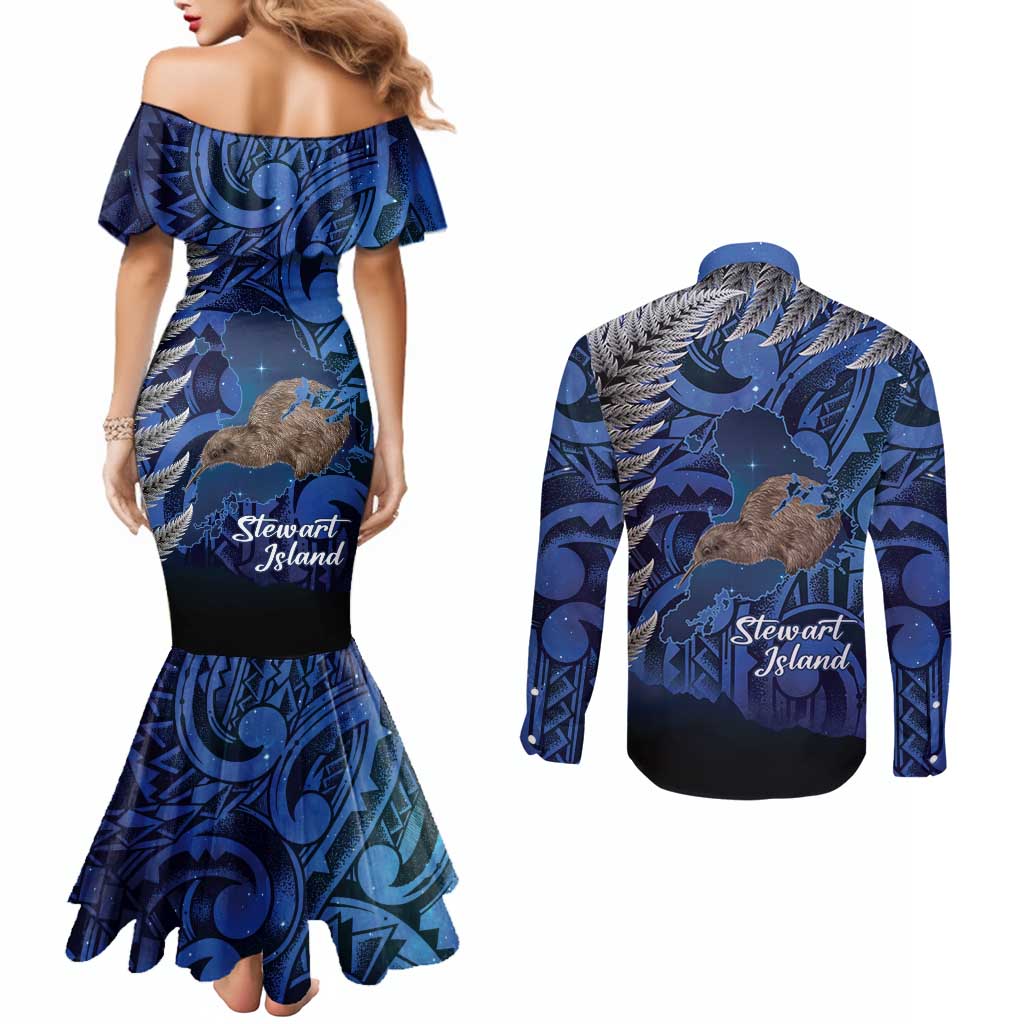 New Zealand Stewart Island Couples Matching Mermaid Dress and Long Sleeve Button Shirt Rakiura Kiwi Maori Glowing Sky