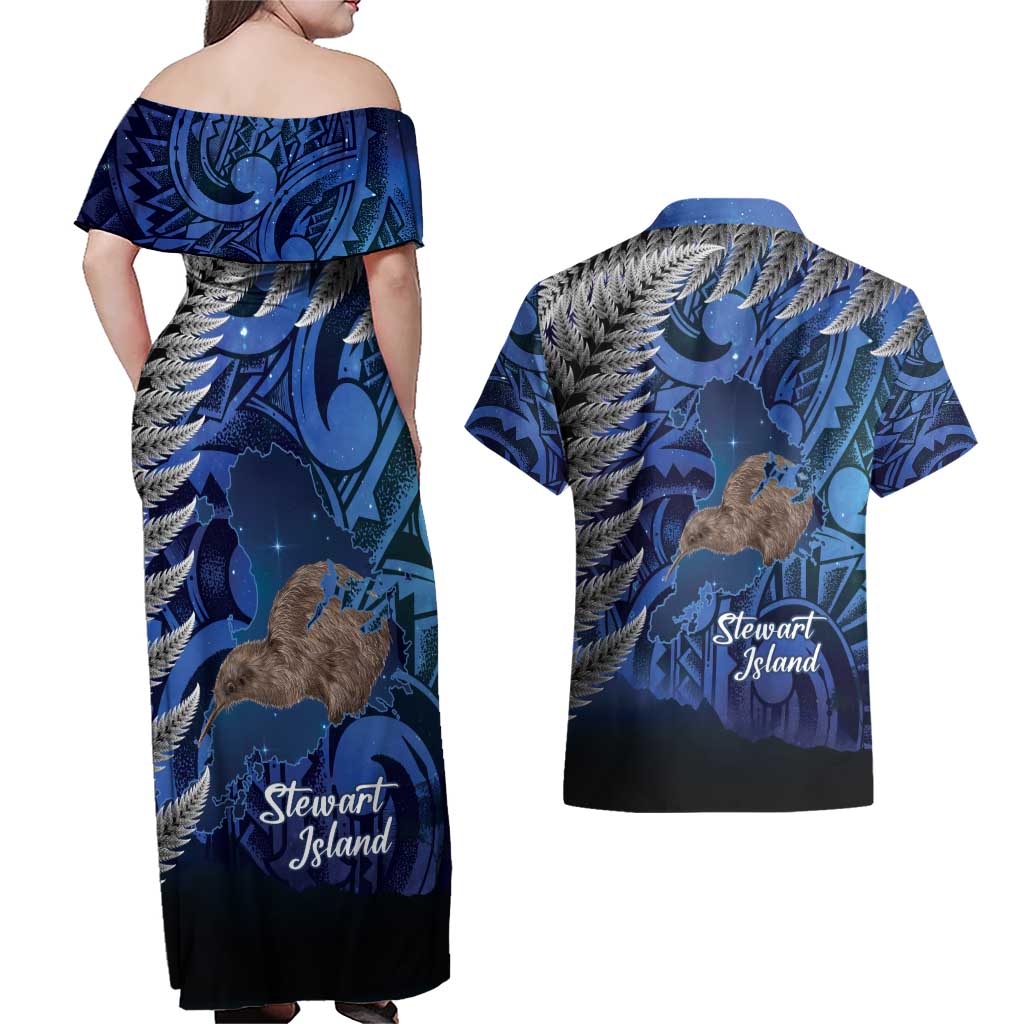 New Zealand Stewart Island Couples Matching Off Shoulder Maxi Dress and Hawaiian Shirt Rakiura Kiwi Maori Glowing Sky