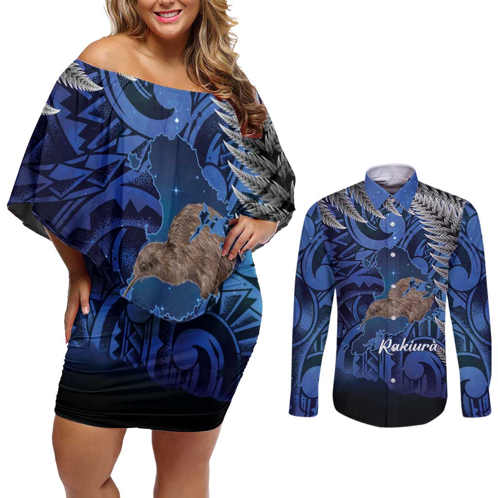 New Zealand Stewart Island Couples Matching Off Shoulder Short Dress and Long Sleeve Button Shirt Rakiura Kiwi Maori Glowing Sky