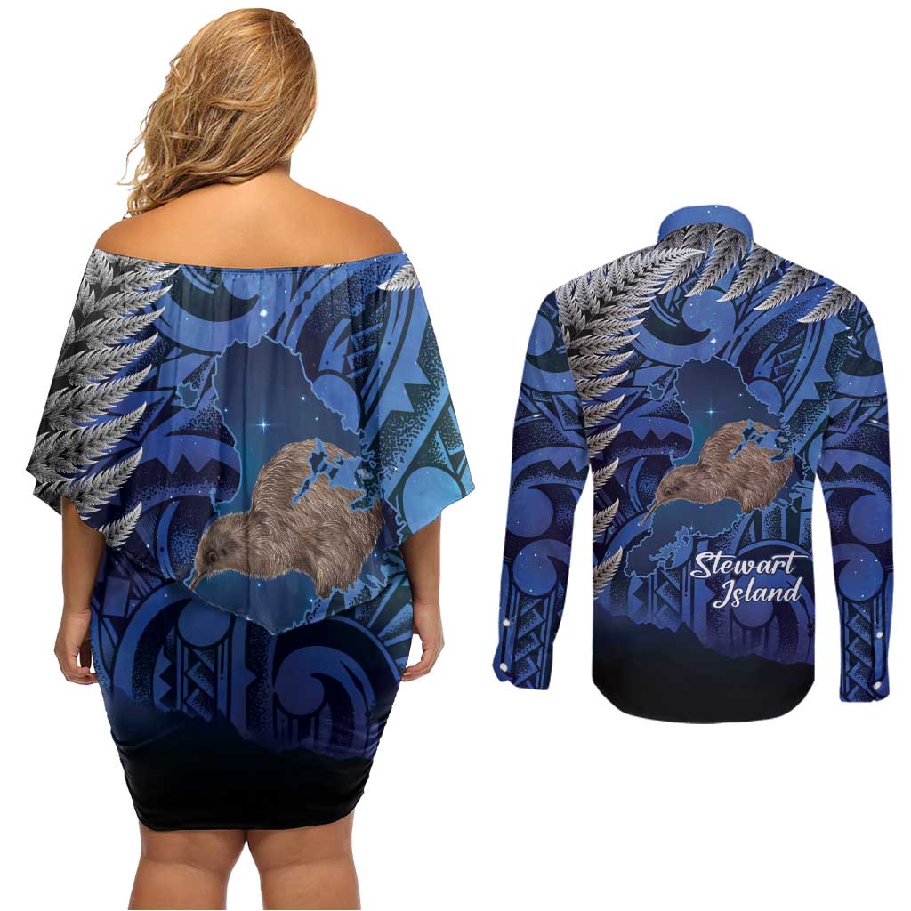 New Zealand Stewart Island Couples Matching Off Shoulder Short Dress and Long Sleeve Button Shirt Rakiura Kiwi Maori Glowing Sky