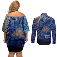 New Zealand Stewart Island Couples Matching Off Shoulder Short Dress and Long Sleeve Button Shirt Rakiura Kiwi Maori Glowing Sky