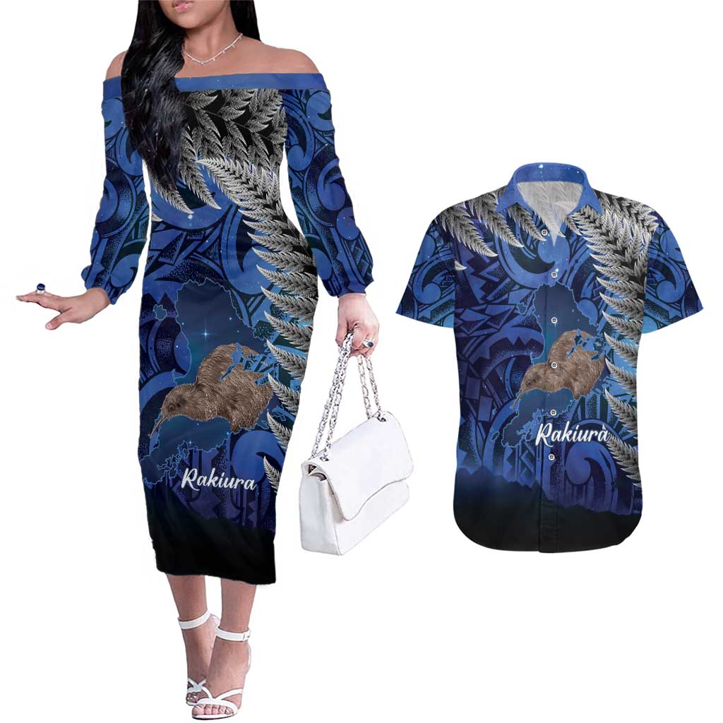 New Zealand Stewart Island Couples Matching Off The Shoulder Long Sleeve Dress and Hawaiian Shirt Rakiura Kiwi Maori Glowing Sky
