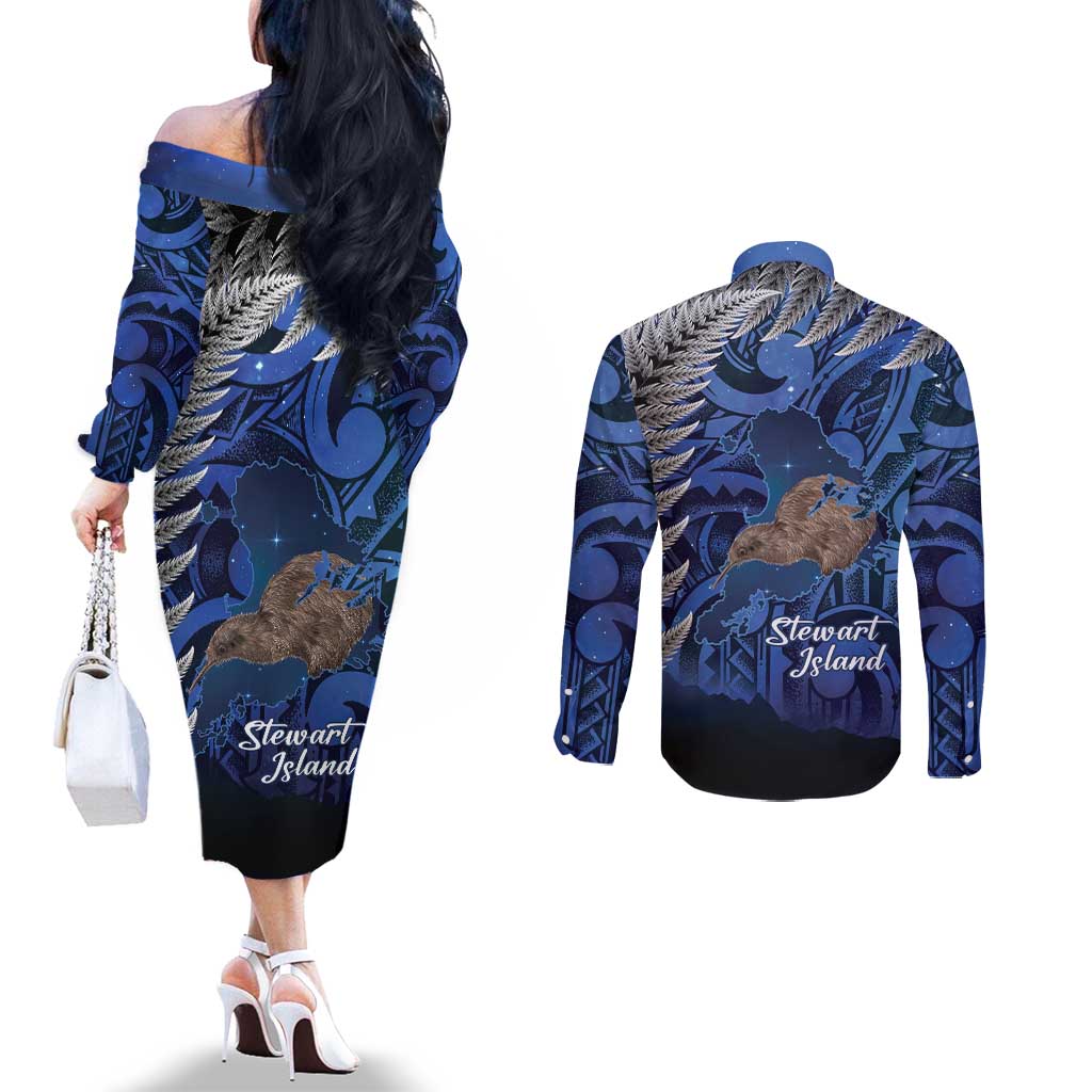 New Zealand Stewart Island Couples Matching Off The Shoulder Long Sleeve Dress and Long Sleeve Button Shirt Rakiura Kiwi Maori Glowing Sky