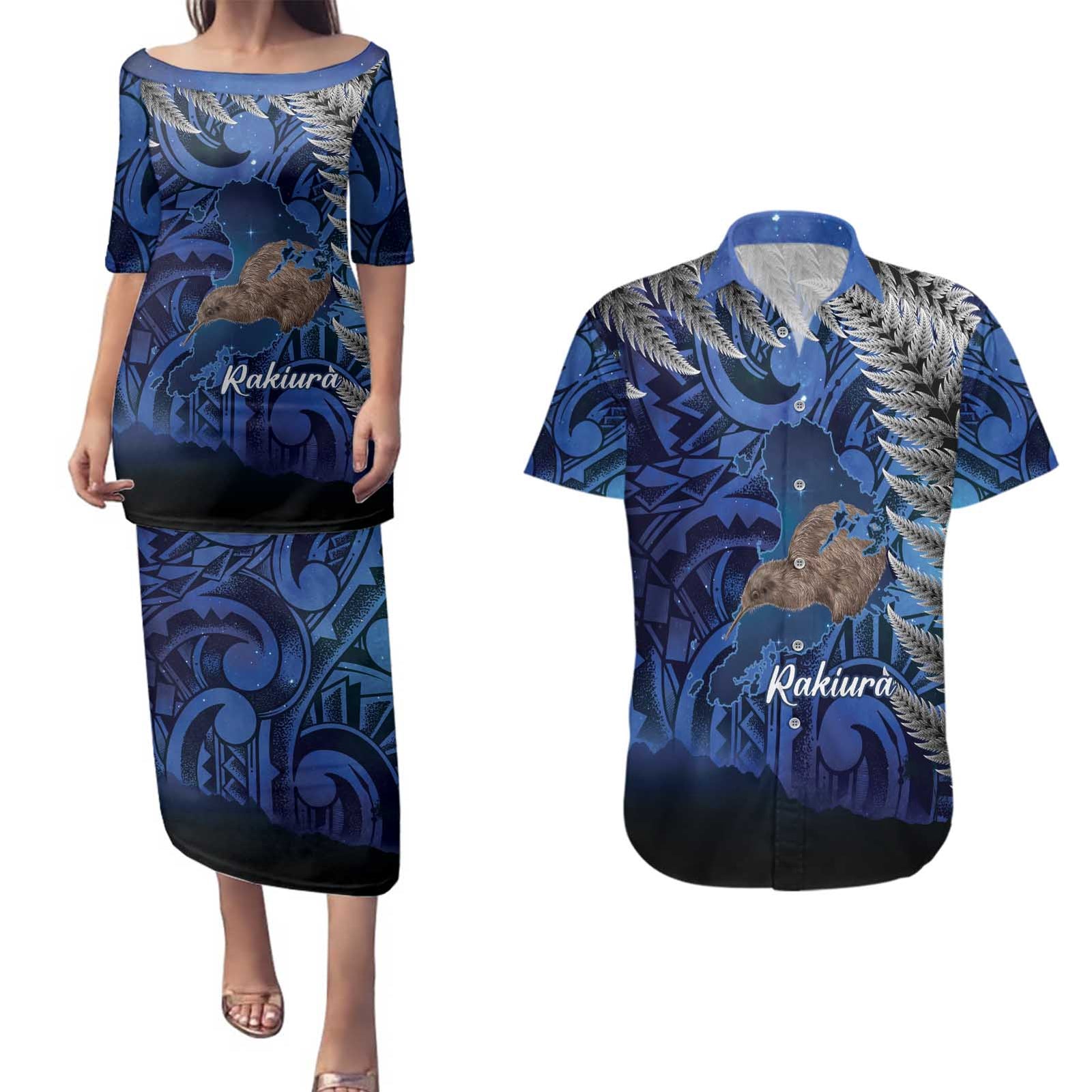 New Zealand Stewart Island Couples Matching Puletasi and Hawaiian Shirt Rakiura Kiwi Maori Glowing Sky