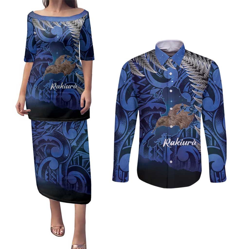 New Zealand Stewart Island Couples Matching Puletasi and Long Sleeve Button Shirt Rakiura Kiwi Maori Glowing Sky