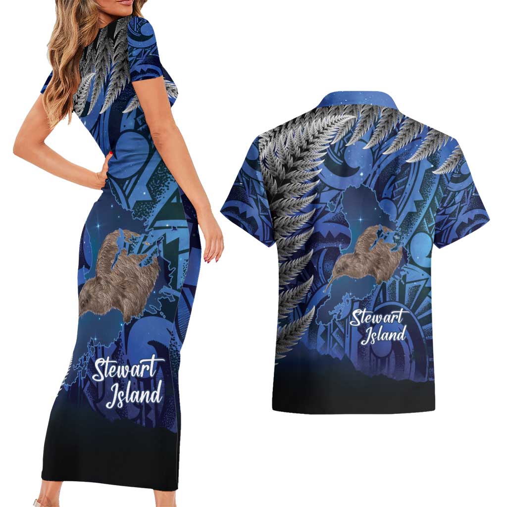New Zealand Stewart Island Couples Matching Short Sleeve Bodycon Dress and Hawaiian Shirt Rakiura Kiwi Maori Glowing Sky
