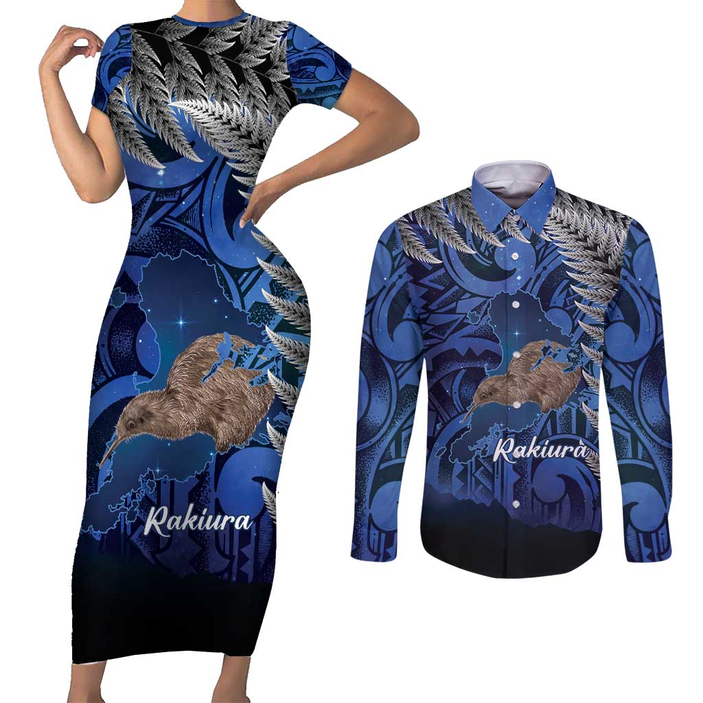 New Zealand Stewart Island Couples Matching Short Sleeve Bodycon Dress and Long Sleeve Button Shirt Rakiura Kiwi Maori Glowing Sky