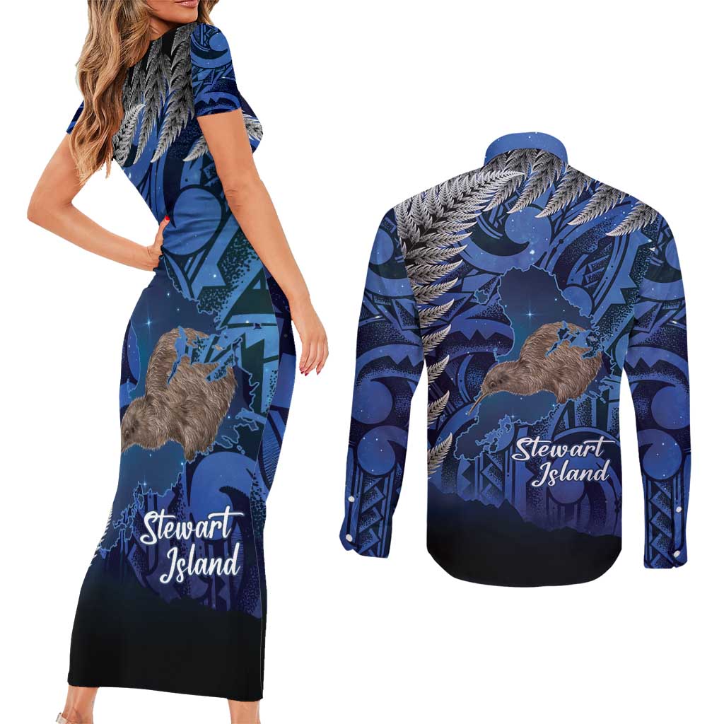 New Zealand Stewart Island Couples Matching Short Sleeve Bodycon Dress and Long Sleeve Button Shirt Rakiura Kiwi Maori Glowing Sky