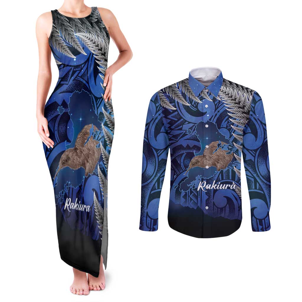 New Zealand Stewart Island Couples Matching Tank Maxi Dress and Long Sleeve Button Shirt Rakiura Kiwi Maori Glowing Sky