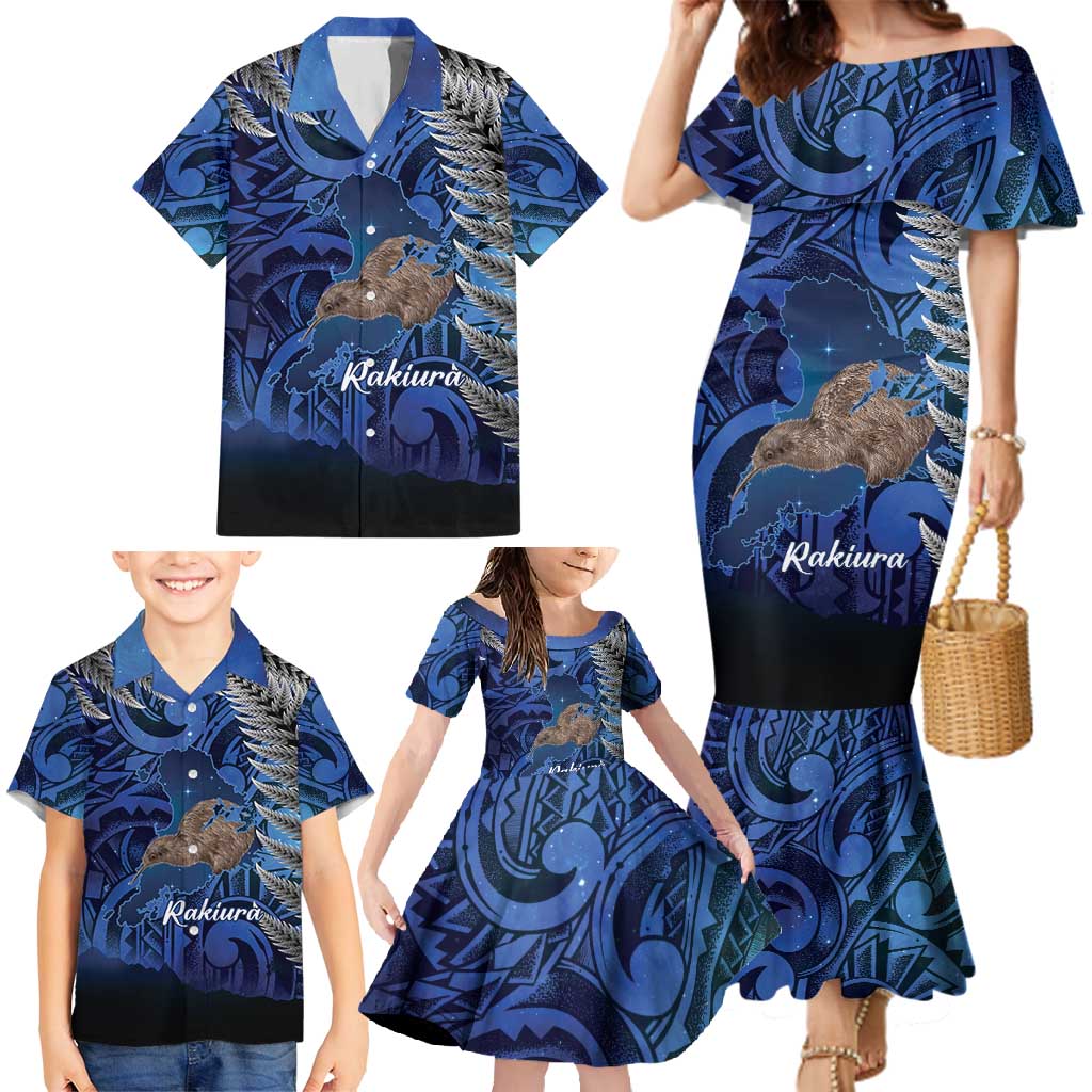 New Zealand Stewart Island Family Matching Mermaid Dress and Hawaiian Shirt Rakiura Kiwi Maori Glowing Sky