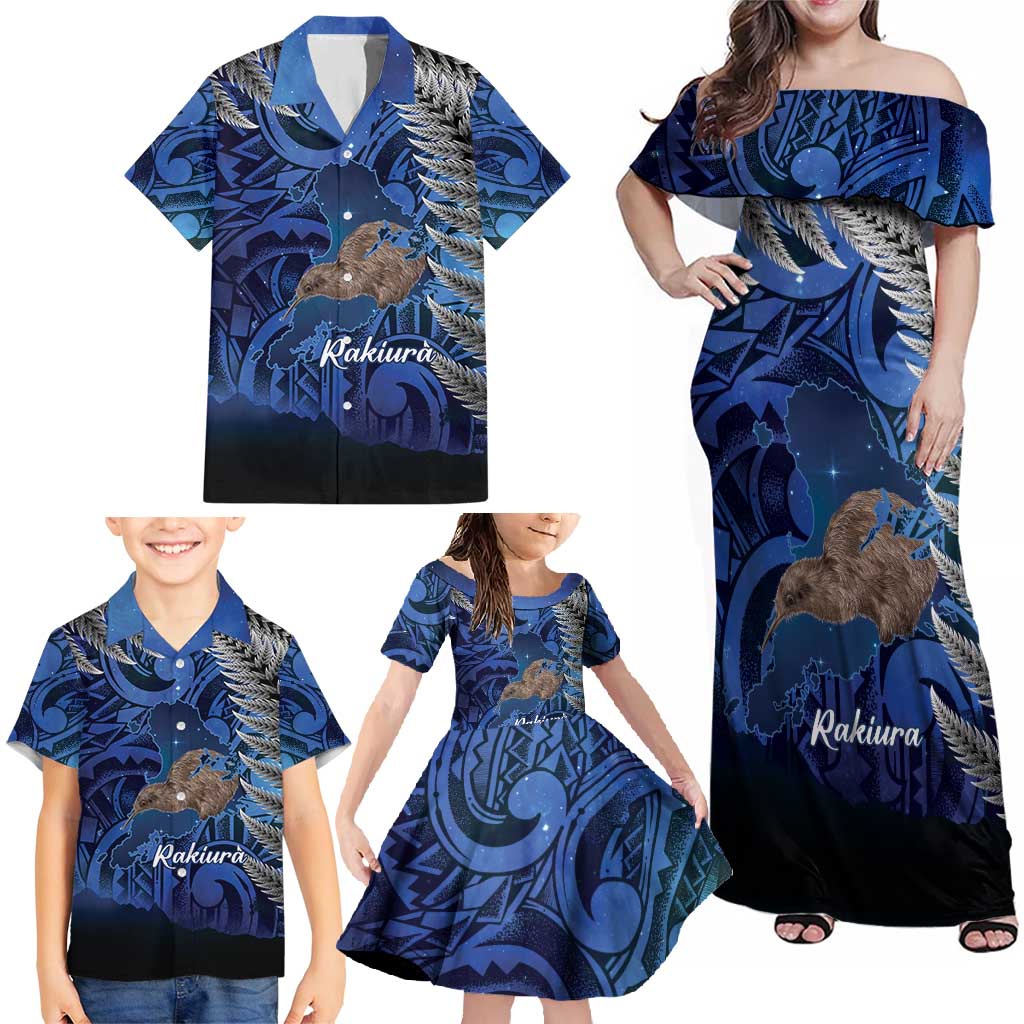 New Zealand Stewart Island Family Matching Off Shoulder Maxi Dress and Hawaiian Shirt Rakiura Kiwi Maori Glowing Sky
