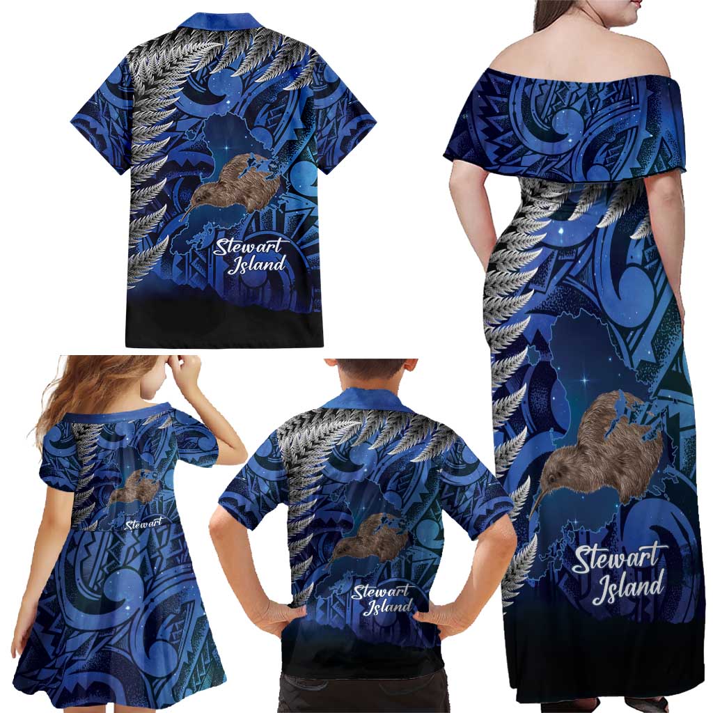 New Zealand Stewart Island Family Matching Off Shoulder Maxi Dress and Hawaiian Shirt Rakiura Kiwi Maori Glowing Sky