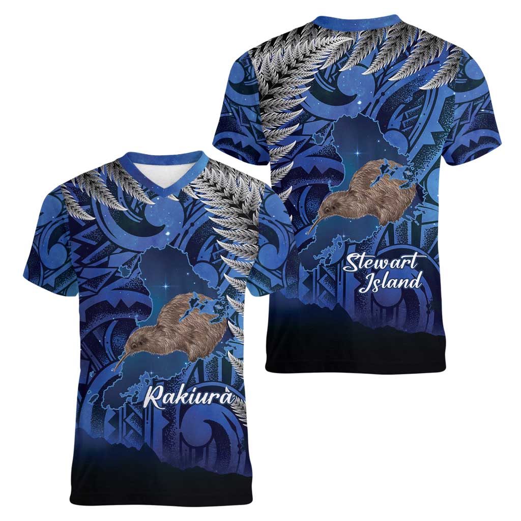 New Zealand Stewart Island Women V-Neck T-Shirt Rakiura Kiwi Maori Glowing Sky