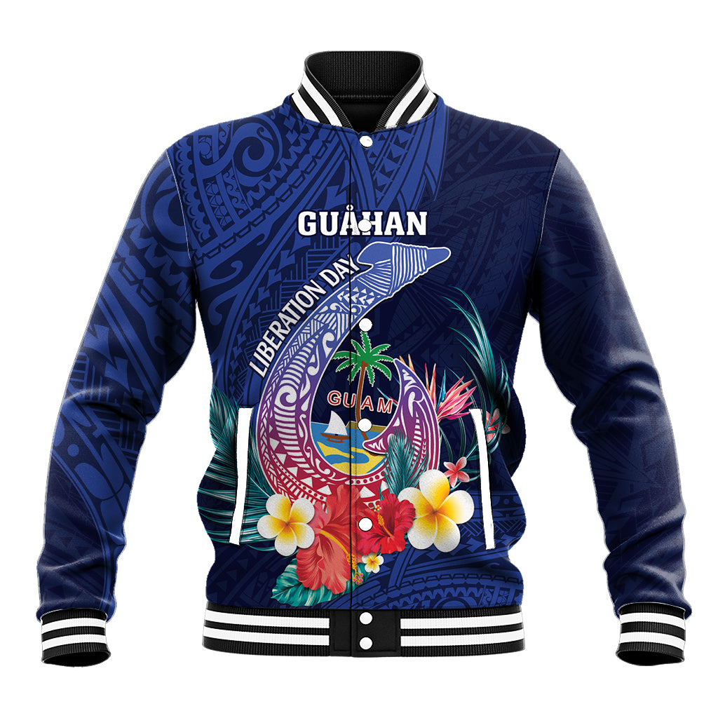 Personalised Guam Liberation Day Baseball Jacket Happy 80th Anniversary Fish Hook Mix Tropical Flowers LT14 Unisex Blue - Polynesian Pride