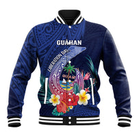 Personalised Guam Liberation Day Baseball Jacket Happy 80th Anniversary Fish Hook Mix Tropical Flowers LT14 Unisex Blue - Polynesian Pride