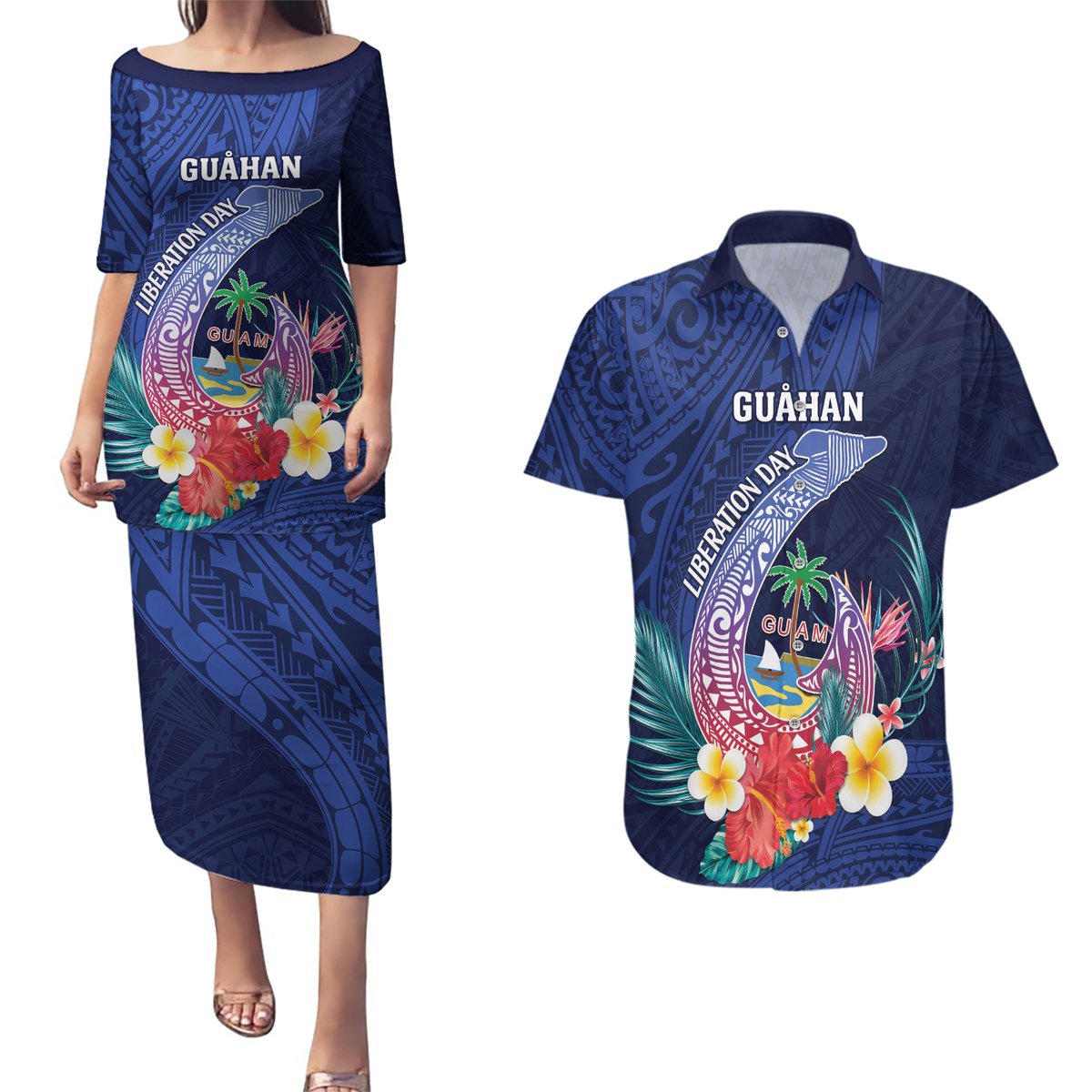 Personalised Guam Liberation Day Couples Matching Puletasi and Hawaiian Shirt Happy 80th Anniversary Fish Hook Mix Tropical Flowers LT14 Blue - Polynesian Pride