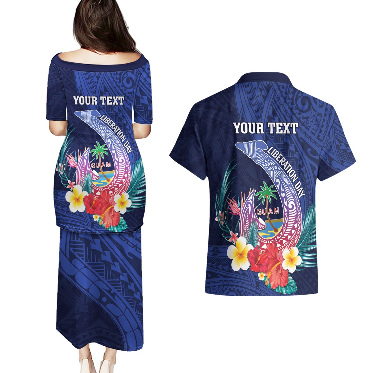 Personalised Guam Liberation Day Couples Matching Puletasi and Hawaiian Shirt Happy 80th Anniversary Fish Hook Mix Tropical Flowers LT14 - Polynesian Pride